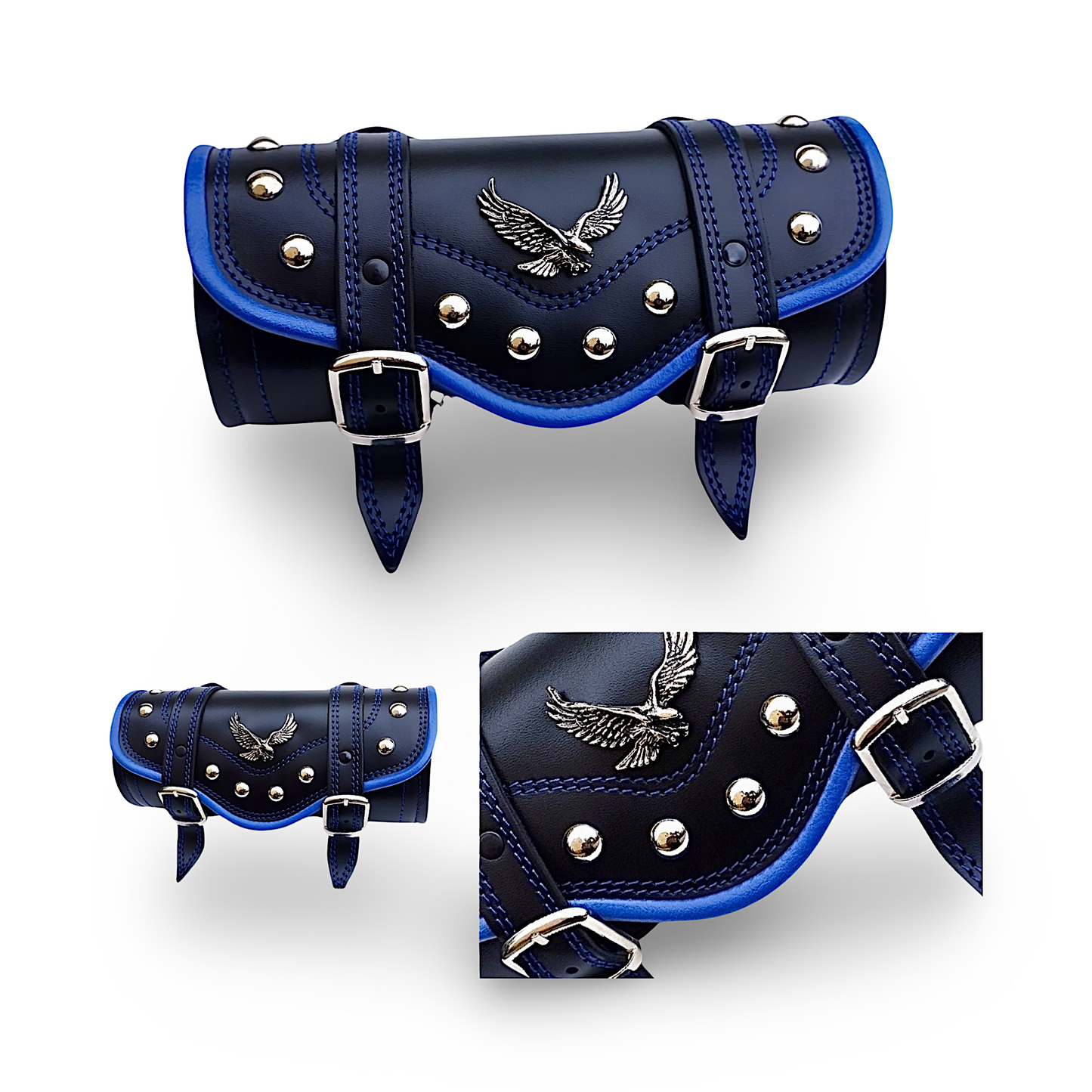 BMUK | Motorcycle handlebar leather tool roll bag case suitable for all models Yamaha | Honda | Suzuki | Kawasaki | Triumph | H-D | - BLUE - BMUK | BMUK | Motorcycle handlebar leather tool roll front fork bag case | All models Yamaha | Honda | Suzuki | Kawasaki..... | Products are manufactured in small quantities with attention to detail, therefore, we can guarantee perfect compatibility.