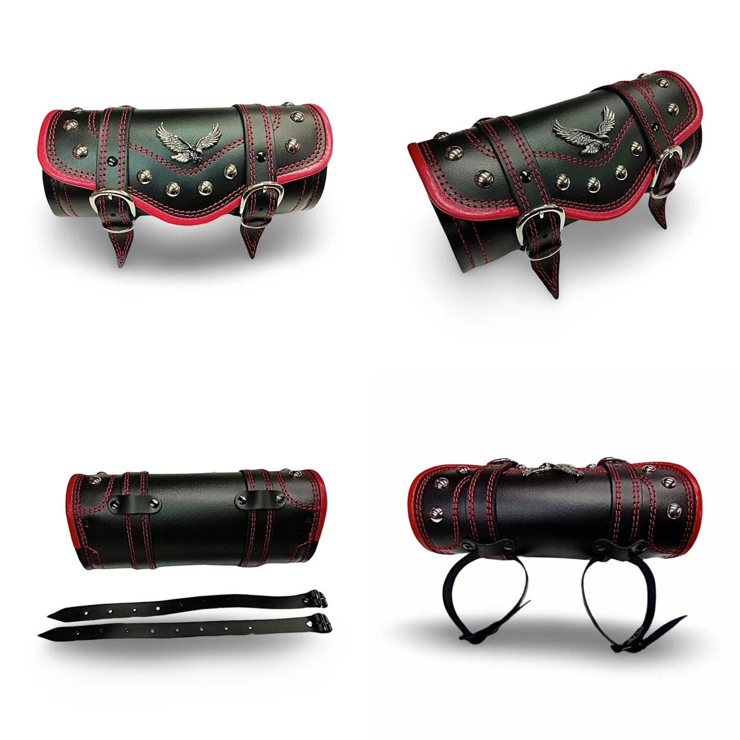 BMUK | Motorcycle leather handlebar tool roll fork bag case | RED | EAGLE