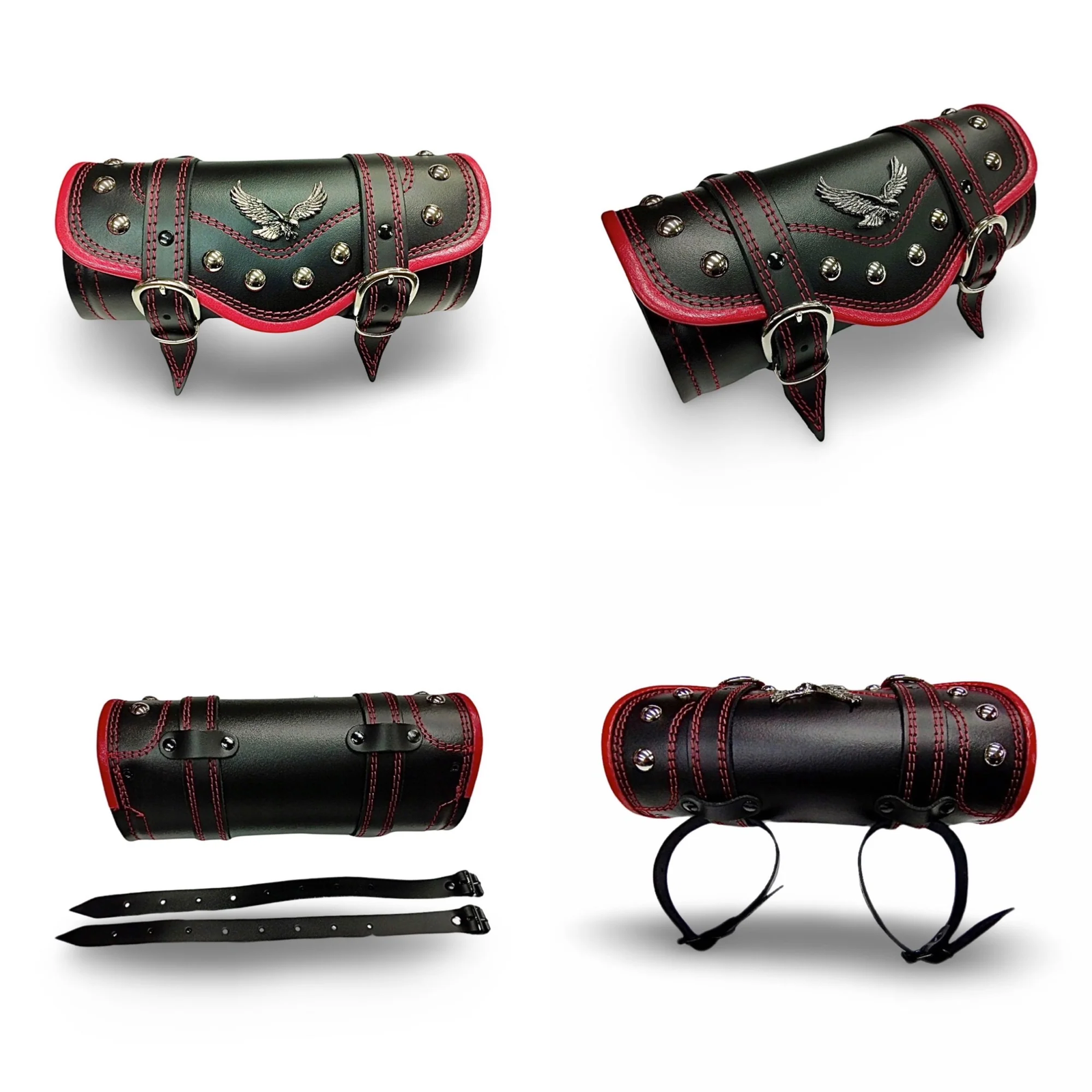 BMUK | Motorcycle leather handlebar tool roll fork bag case | RED | EAGLE