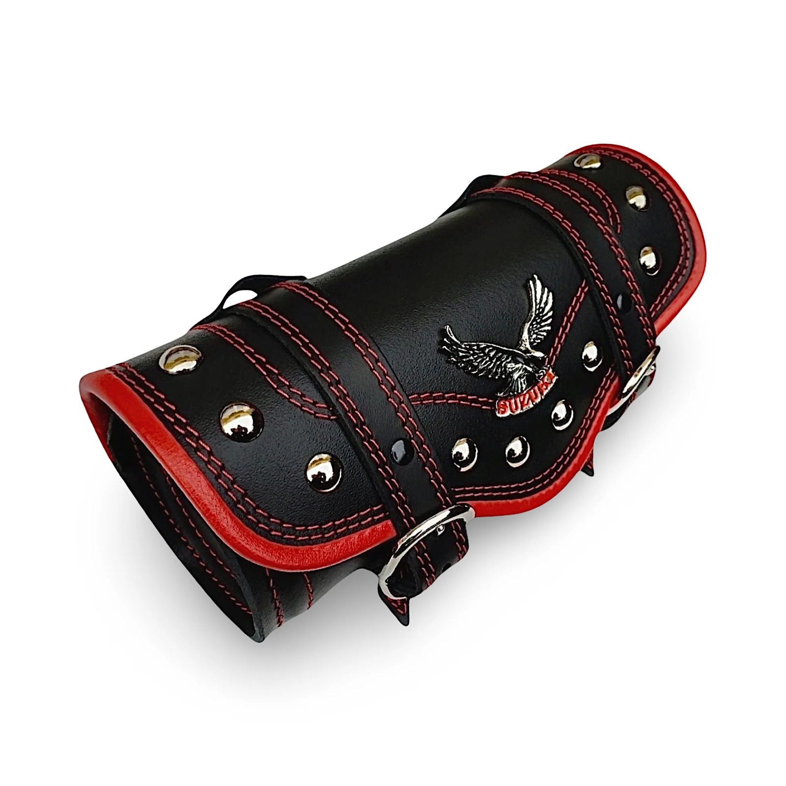 BMUK | Motorcycle leather handlebar tool roll fork bag case | RED | RIVETS