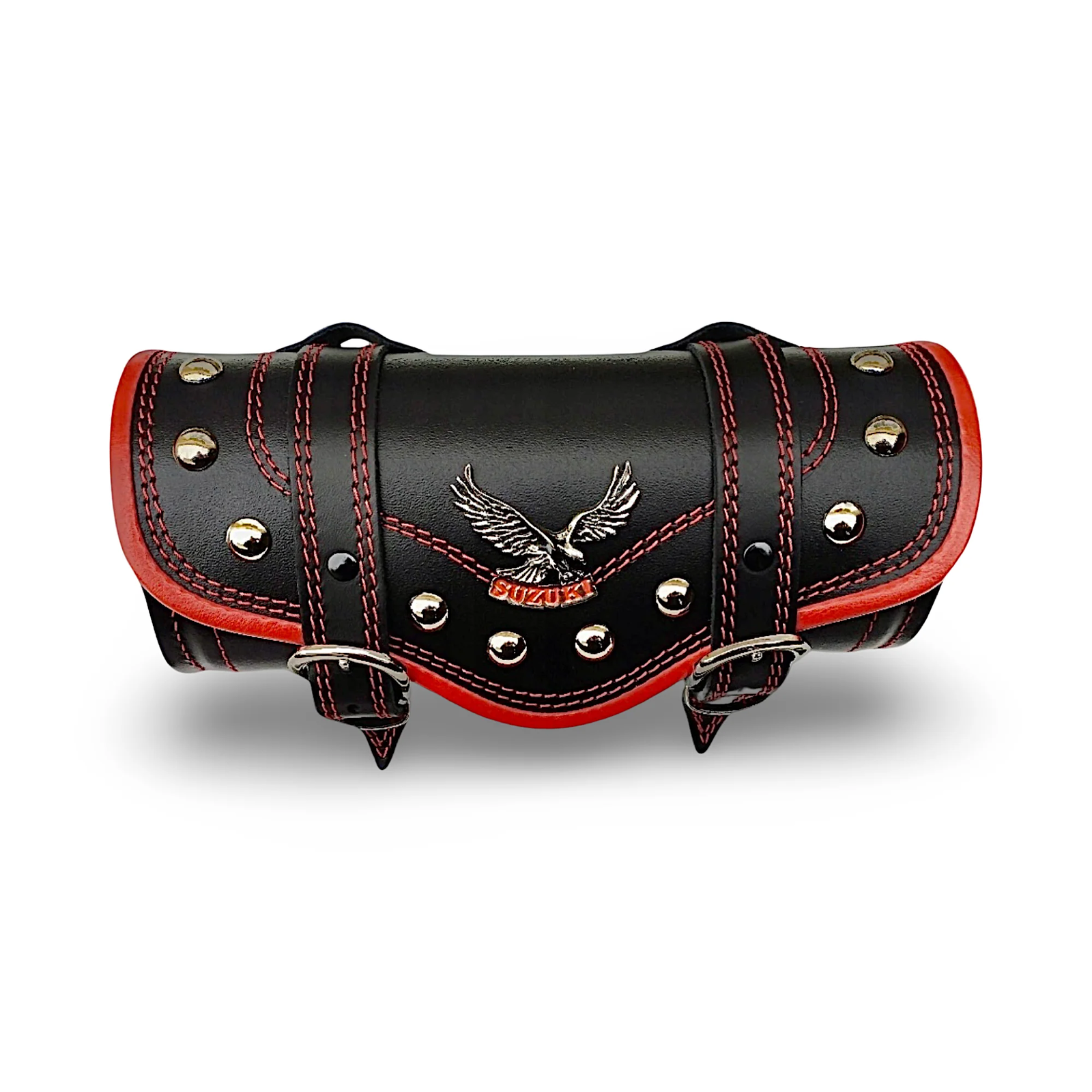 BMUK | Motorcycle leather handlebar tool roll fork bag case | RED | RIVETS