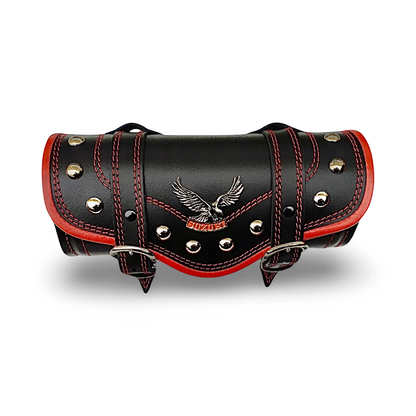 BMUK | Motorcycle leather handlebar tool roll fork bag case | RED | RIVETS