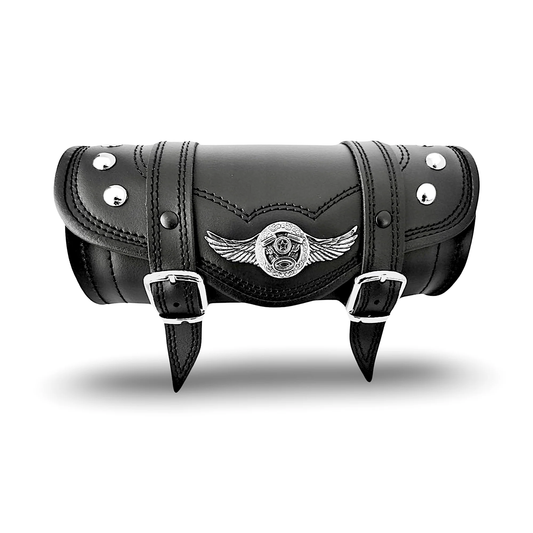 LEATHER HANDLEBAR TOOL ROLL BAG | BLACK | WINGS | RIVETS