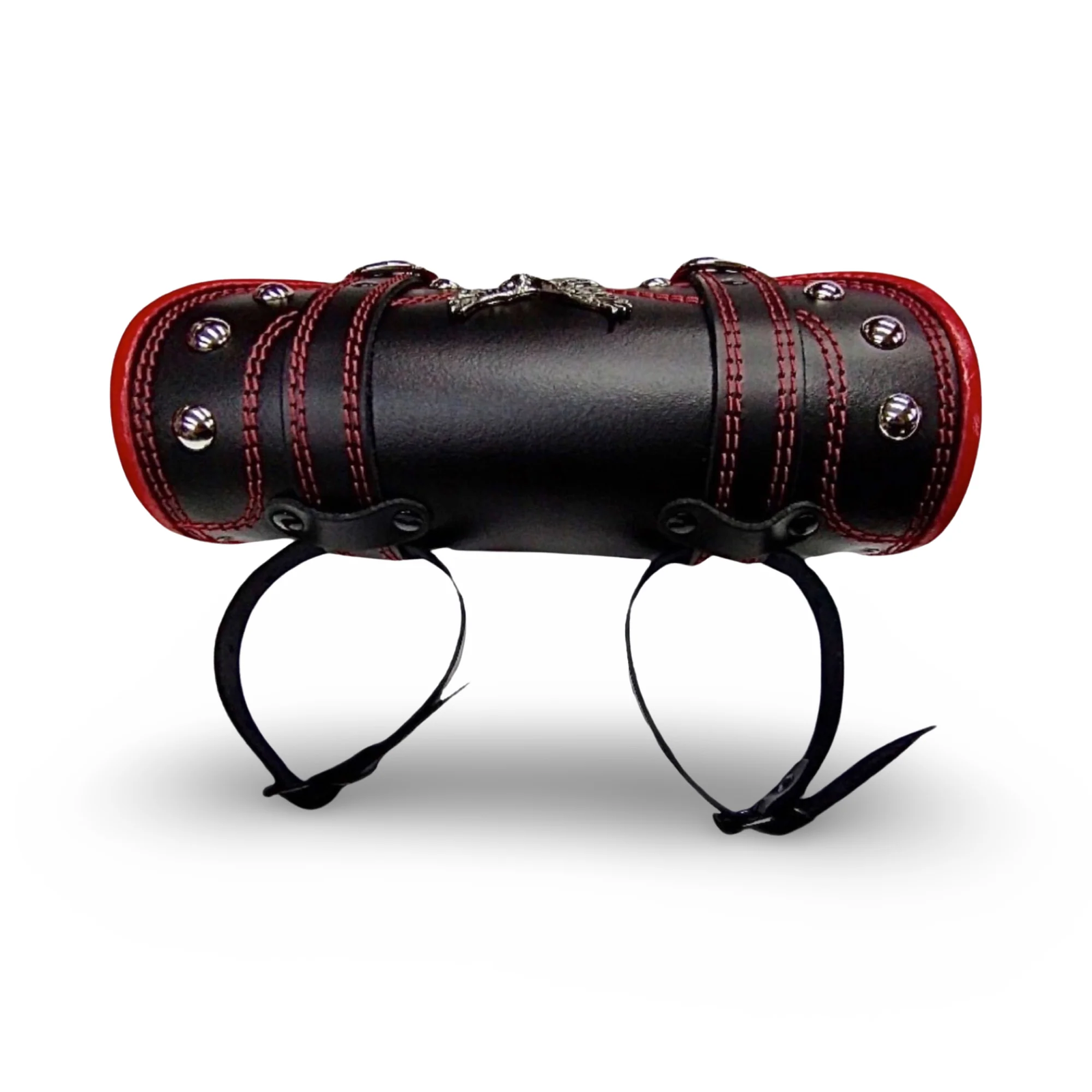 BMUK | Motorcycle leather handlebar tool roll fork bag case | RED | RIVETS