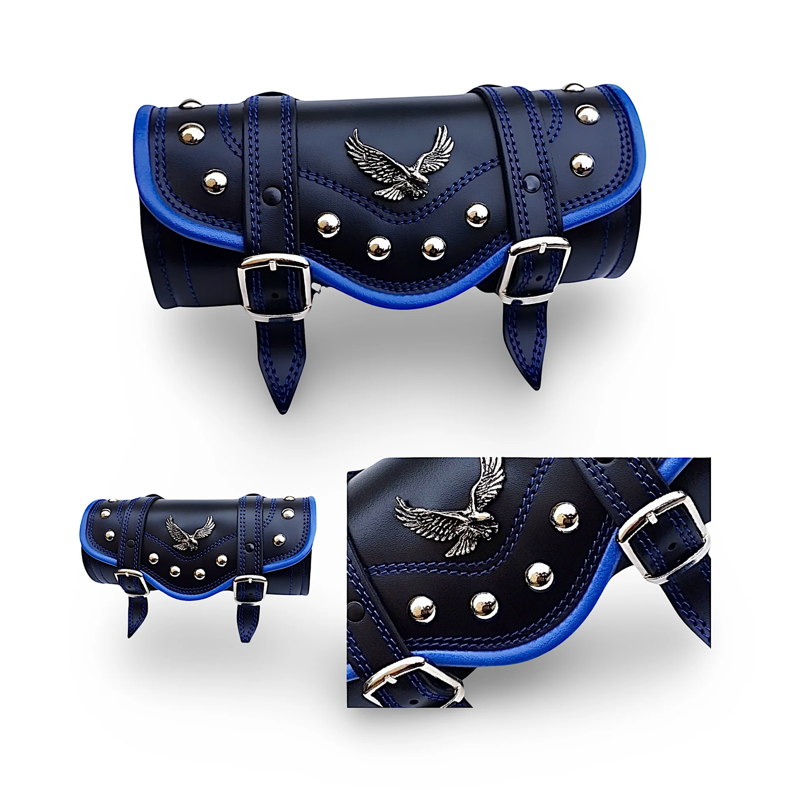 BMUK | Motorcycle leather handlebar tool roll fork bag case | BLUE | EAGLE