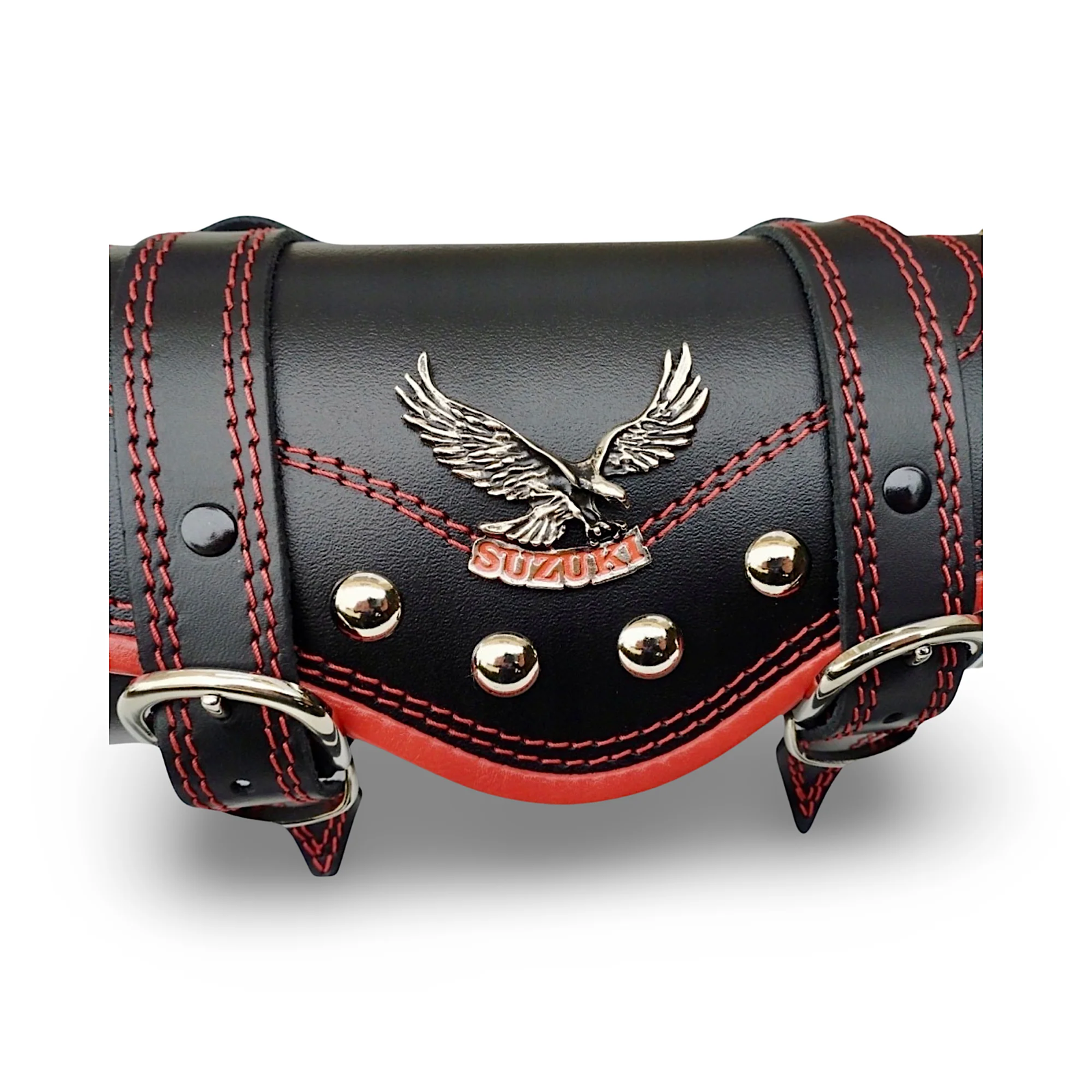 BMUK | Motorcycle leather handlebar tool roll fork bag case | RED | RIVETS