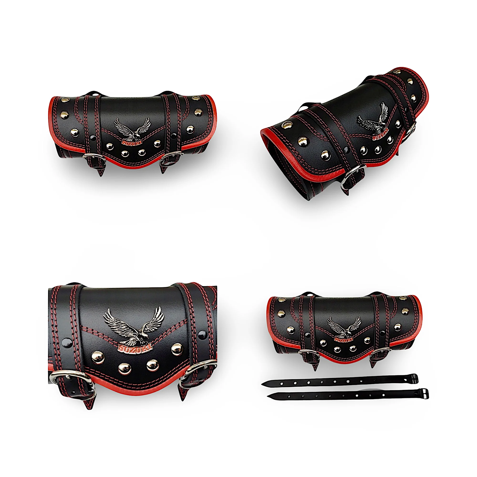 BMUK | Motorcycle leather handlebar tool roll fork bag case | RED | RIVETS