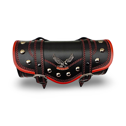 LEATHER HANDLEBAR TOOL ROLL BAG | RED | SUZUKI | RIVETS