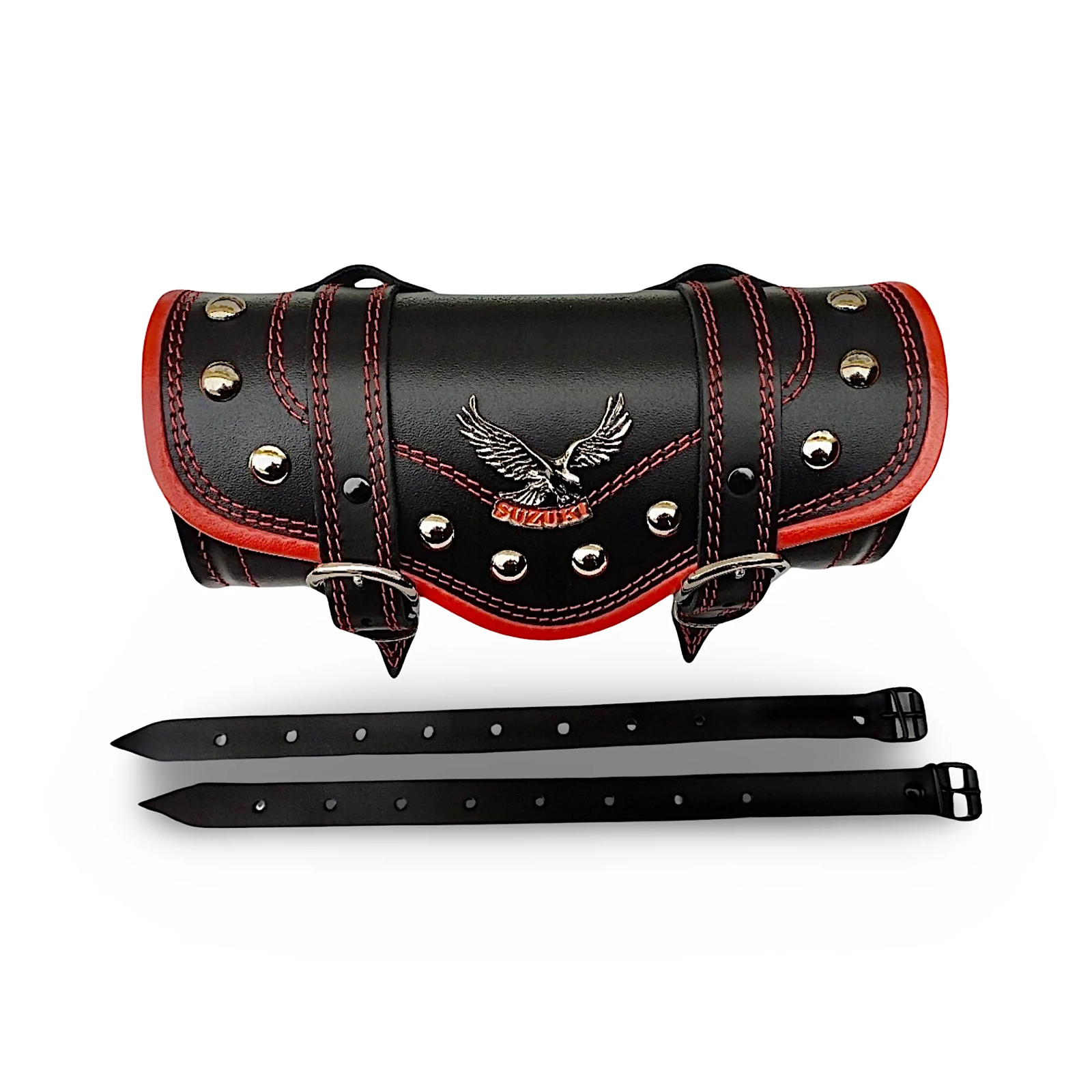 BMUK | Motorcycle leather handlebar tool roll fork bag case | RED | RIVETS